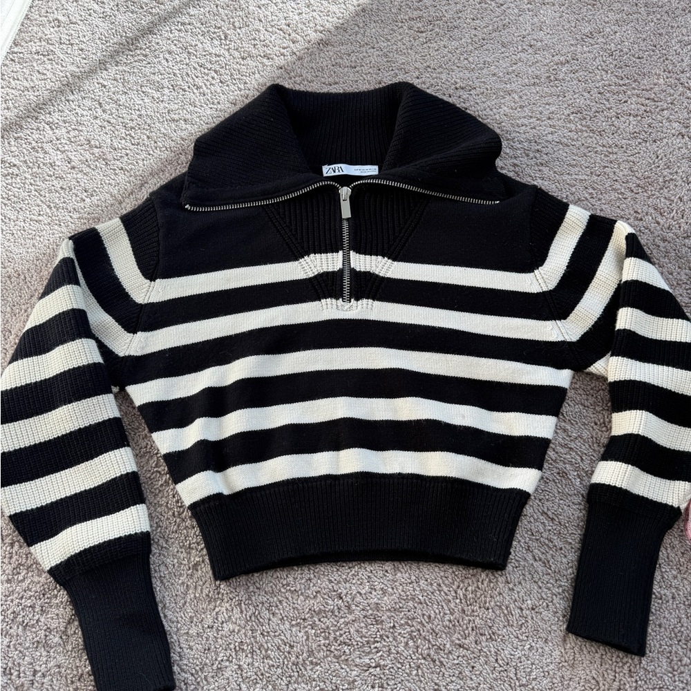 Zara Black and Cream Striped cropped quarter-zip Cowl Neck Sweater